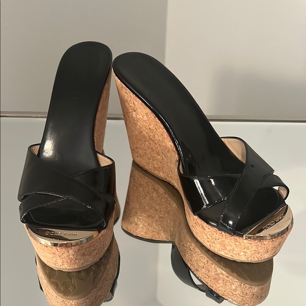 JIMMY CHOO PRIMA CORK WEDGE HEEL MULES SANDAL Size 38.5 (7.5)